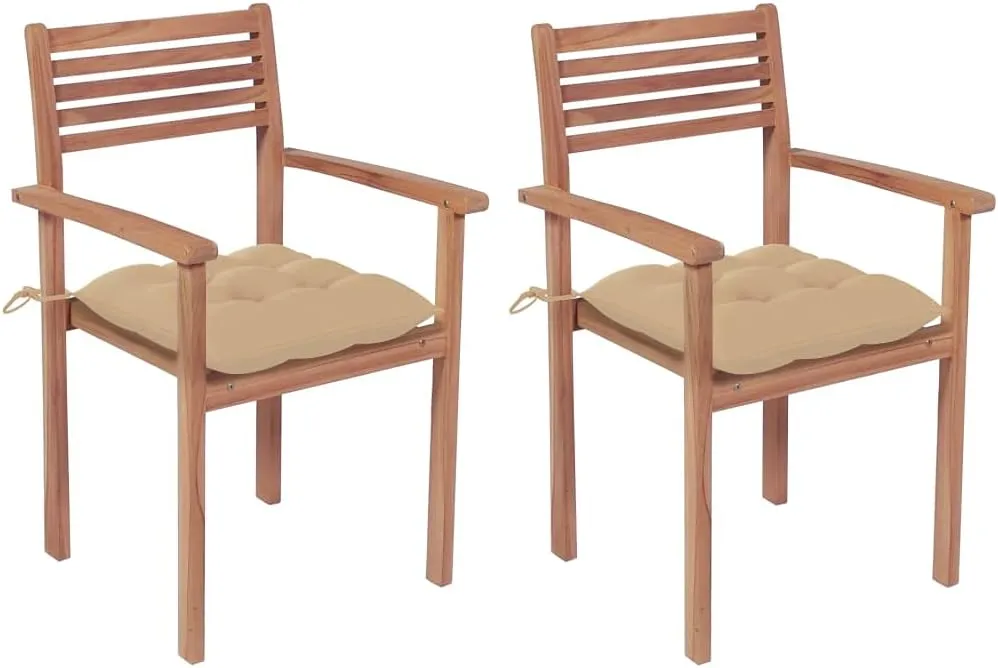 Solid Teak Wood Outdoor Stackable Patio Chairs with Beige Cushions – Set of 2, Durable Modern Design for Home, Office, Bar, or Café Use