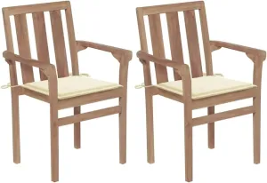 Solid Teak Wood Patio Chairs with Cream Cushions, 2 Pcs Stackable Outdoor Chairs for Garden, Beach, Camping and Lounge Areas, Durable Wooden Furniture for Patio Decor