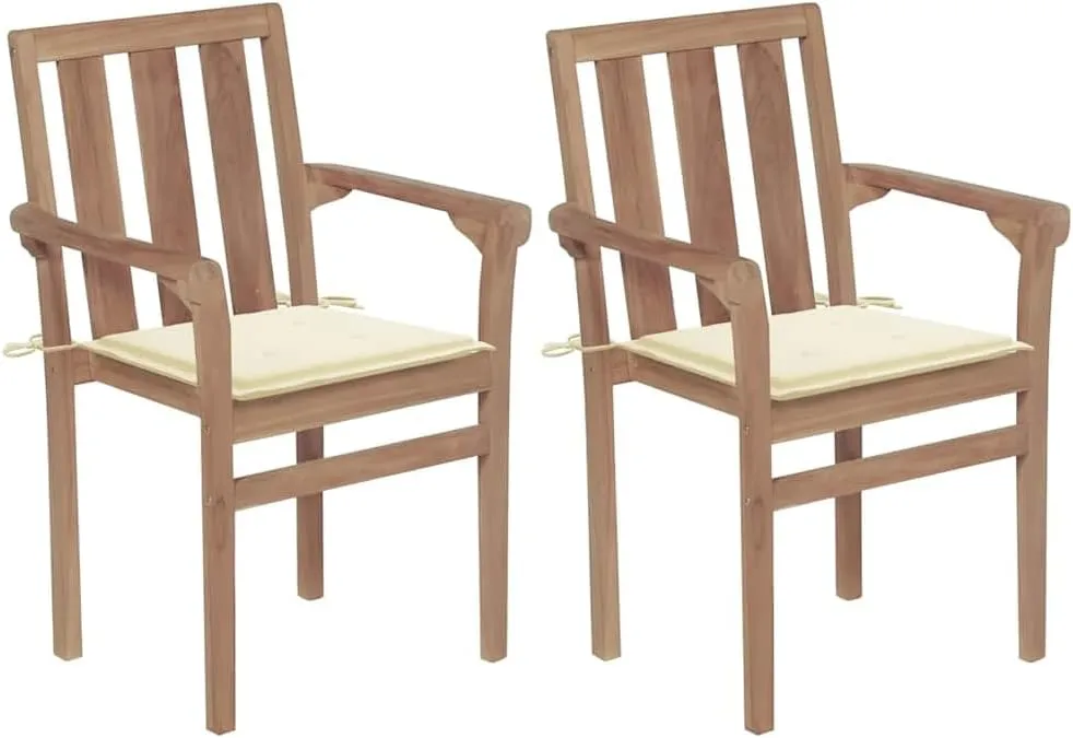 Solid Teak Wood Patio Chairs with Cream Cushions, 2 Pcs Stackable Outdoor Chairs for Garden, Beach, Camping and Lounge Areas, Durable Wooden Furniture for Patio Decor