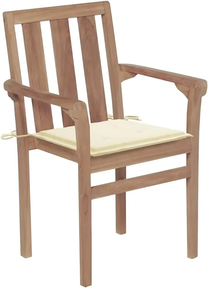 Solid Teak Wood Patio Chairs with Cream Cushions, 2 Pcs Stackable Outdoor Chairs for Garden, Beach, Camping and Lounge Areas, Durable Wooden Furniture for Patio Decor