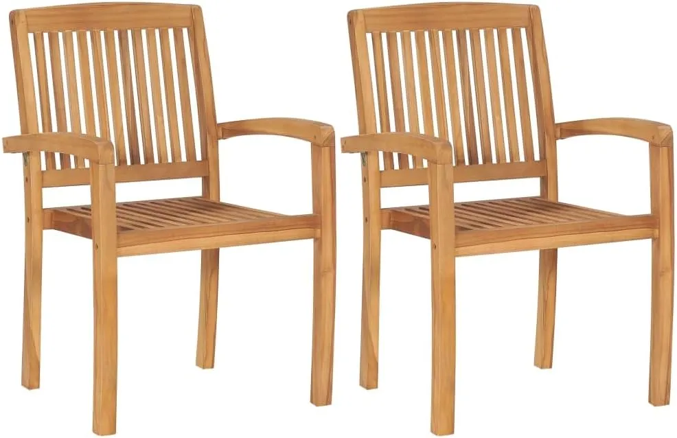 Solid Teak Wood Patio Chairs with Gray Cushions 2-Piece Set, Weather-Resistant Outdoor Furniture Stackable Lounge Chairs for Poolside Backyard Garden