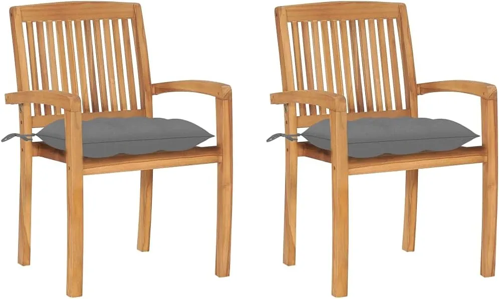 Solid Teak Wood Patio Chairs with Gray Cushions 2-Piece Set, Weather-Resistant Outdoor Furniture Stackable Lounge Chairs for Poolside Backyard Garden