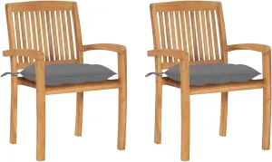 Solid Teak Wood Patio Chairs with Gray Cushions 2-Piece Set, Weather-Resistant Outdoor Furniture Stackable Lounge Chairs for Poolside Backyard Garden