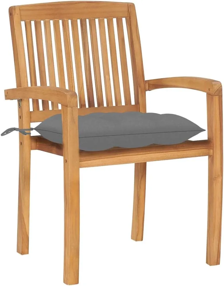 Solid Teak Wood Patio Chairs with Gray Cushions 2-Piece Set, Weather-Resistant Outdoor Furniture Stackable Lounge Chairs for Poolside Backyard Garden