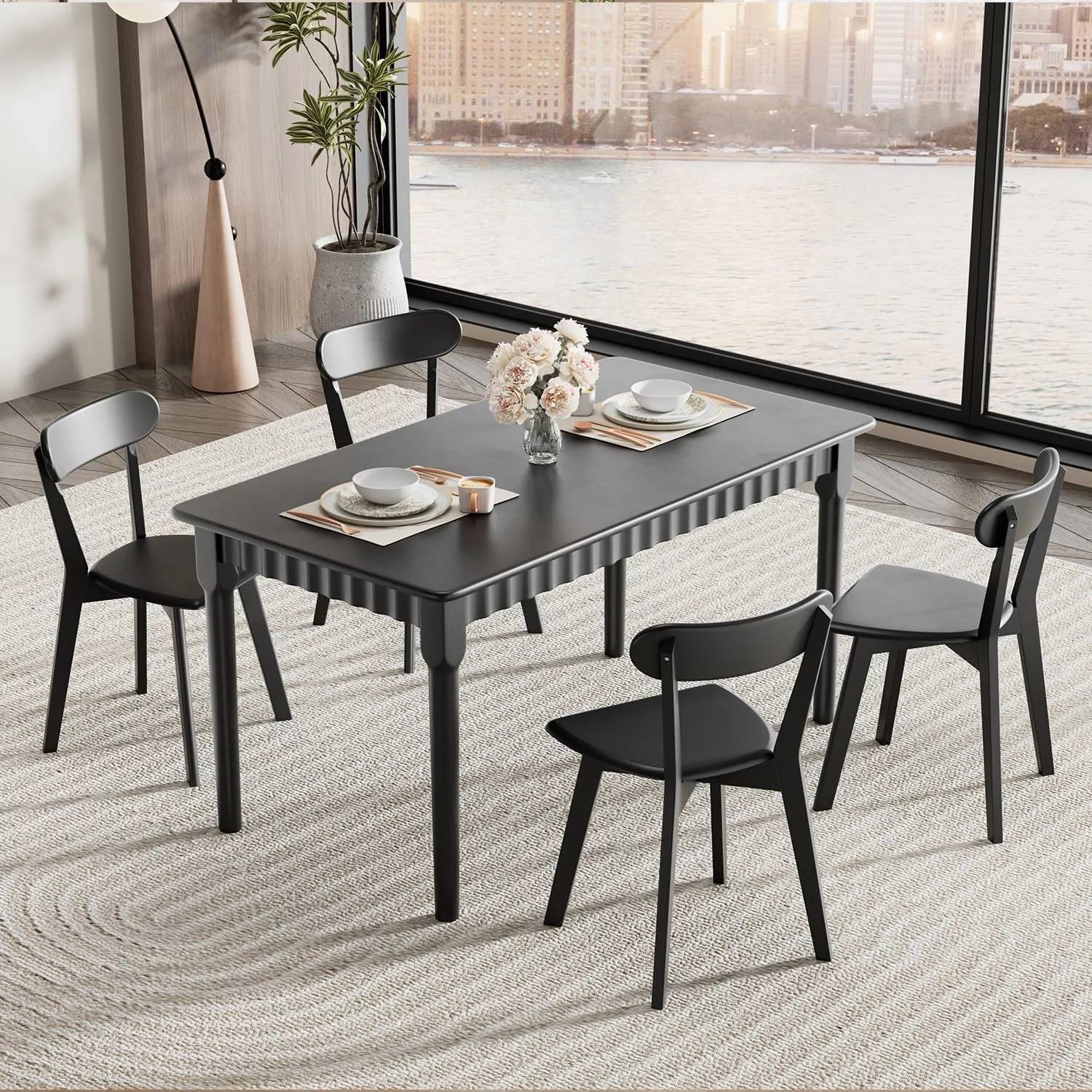 Solid Wood Dining Chairs Set of 4, Farmhouse Kitchen Chairs with Oak Backrest, Wooden Dining Room Chairs for Dining Room, Living Room, Non-Slip Foot Pads, Stackable Dining Chairs, Black