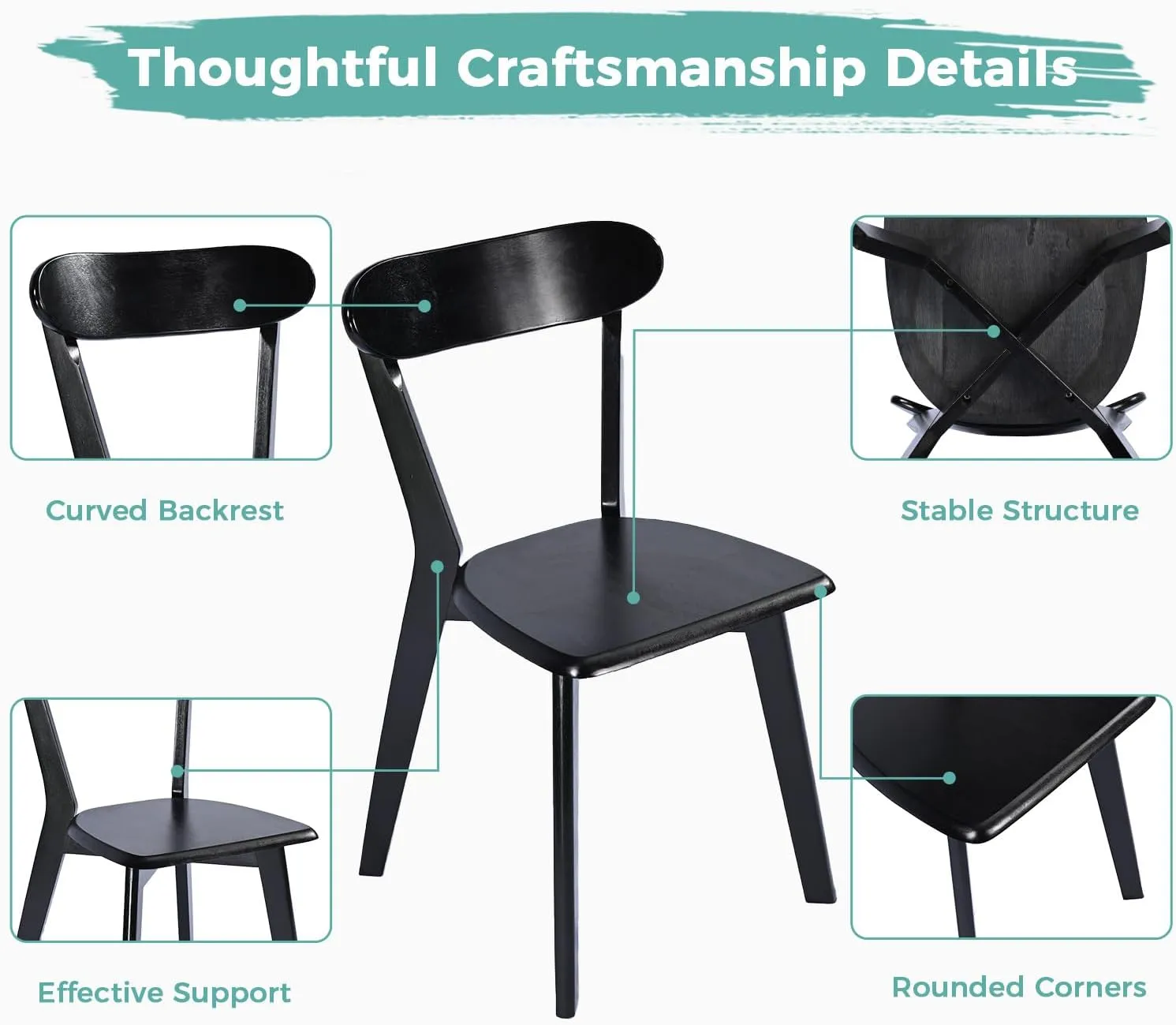 Solid Wood Dining Chairs Set of 4, Farmhouse Kitchen Chairs with Oak Backrest, Wooden Dining Room Chairs for Dining Room, Living Room, Non-Slip Foot Pads, Stackable Dining Chairs, Black
