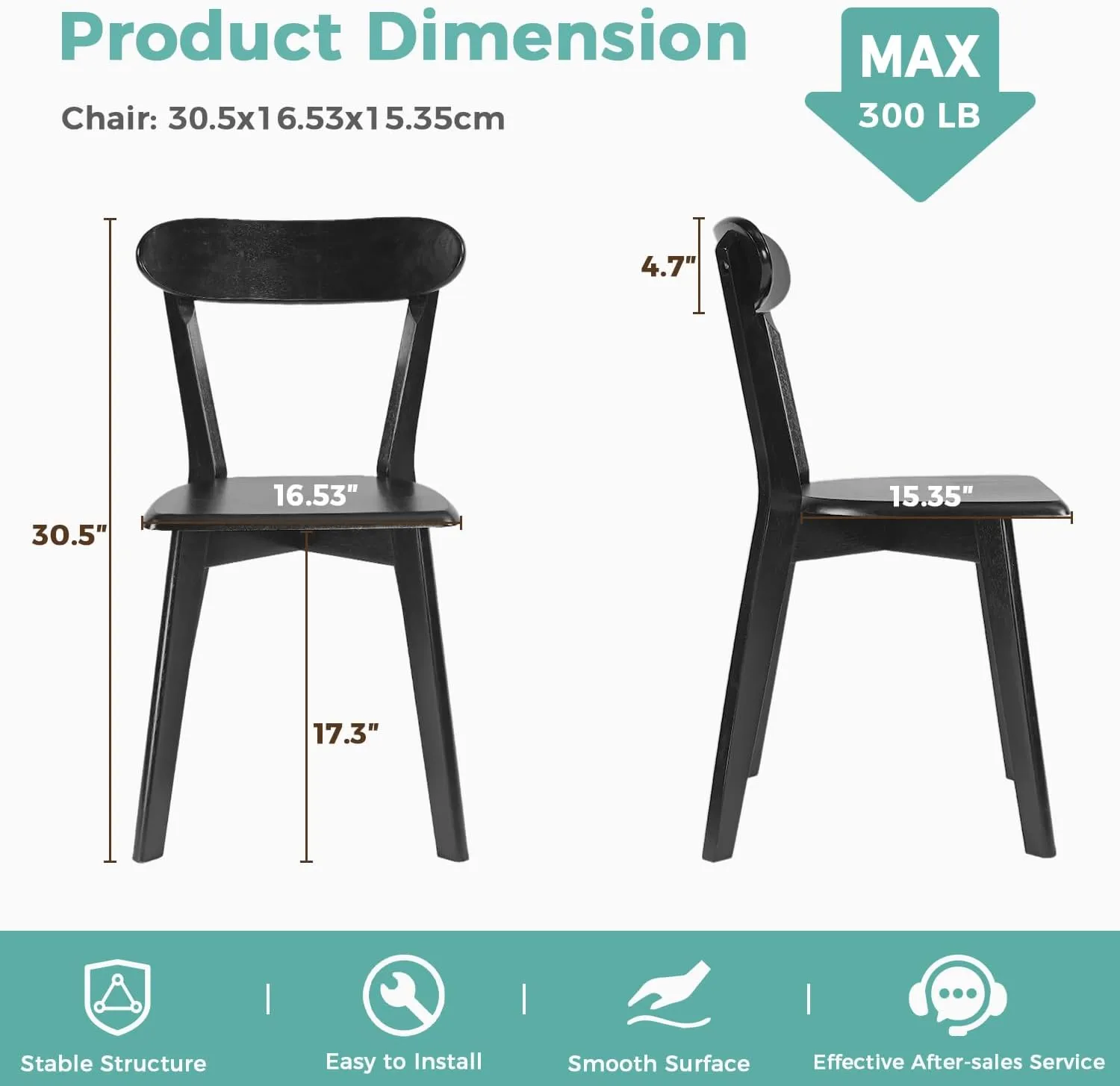 Solid Wood Dining Chairs Set of 4, Farmhouse Kitchen Chairs with Oak Backrest, Wooden Dining Room Chairs for Dining Room, Living Room, Non-Slip Foot Pads, Stackable Dining Chairs, Black