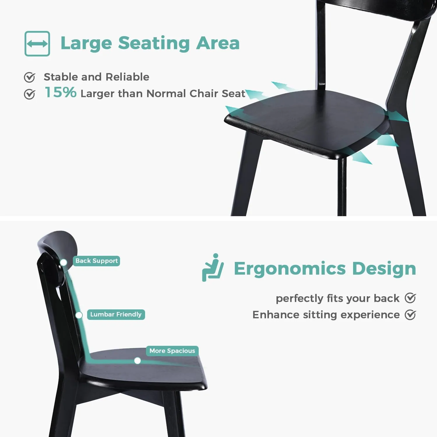 Solid Wood Dining Chairs Set of 4, Farmhouse Kitchen Chairs with Oak Backrest, Wooden Dining Room Chairs for Dining Room, Living Room, Non-Slip Foot Pads, Stackable Dining Chairs, Black