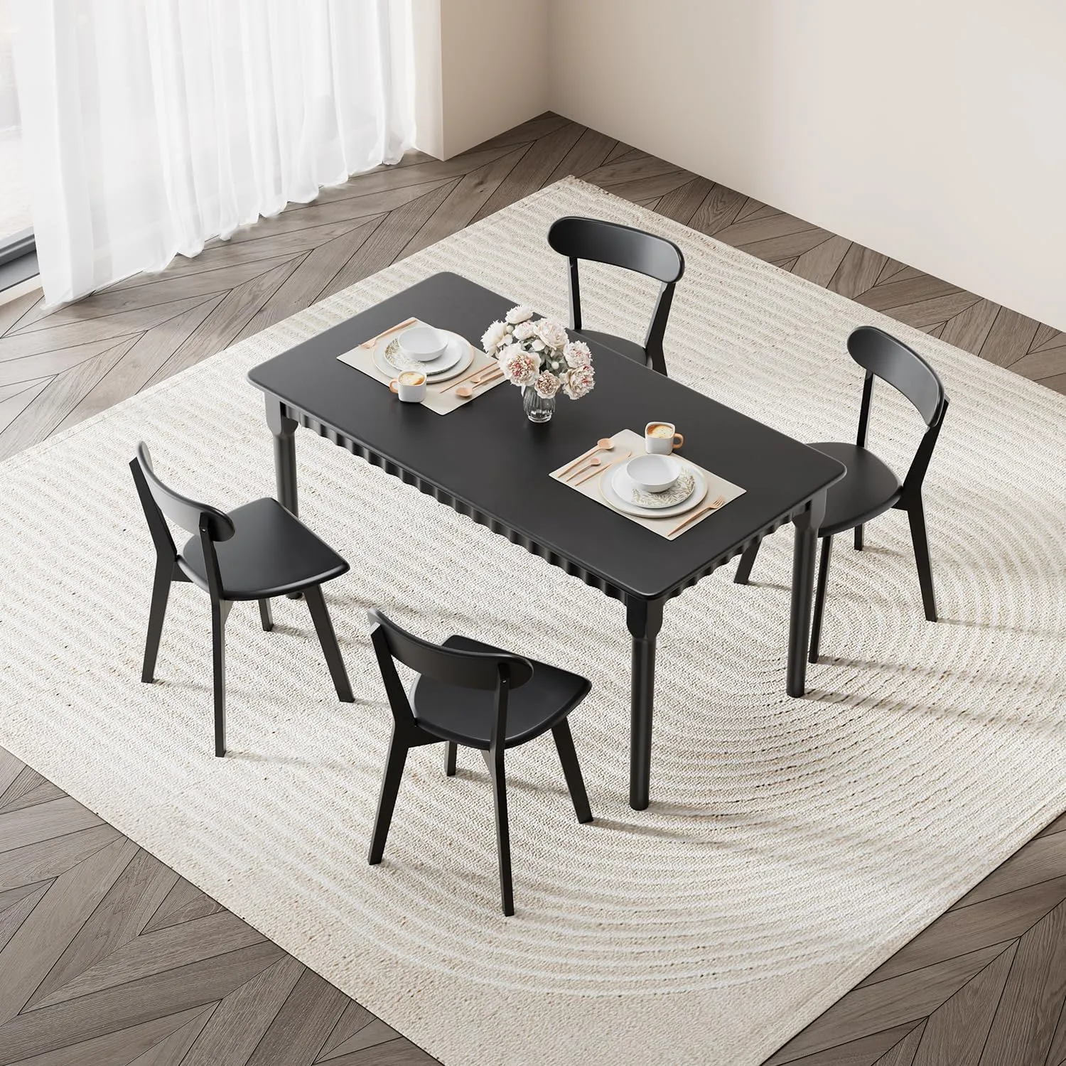 Solid Wood Dining Chairs Set of 4, Farmhouse Kitchen Chairs with Oak Backrest, Wooden Dining Room Chairs for Dining Room, Living Room, Non-Slip Foot Pads, Stackable Dining Chairs, Black