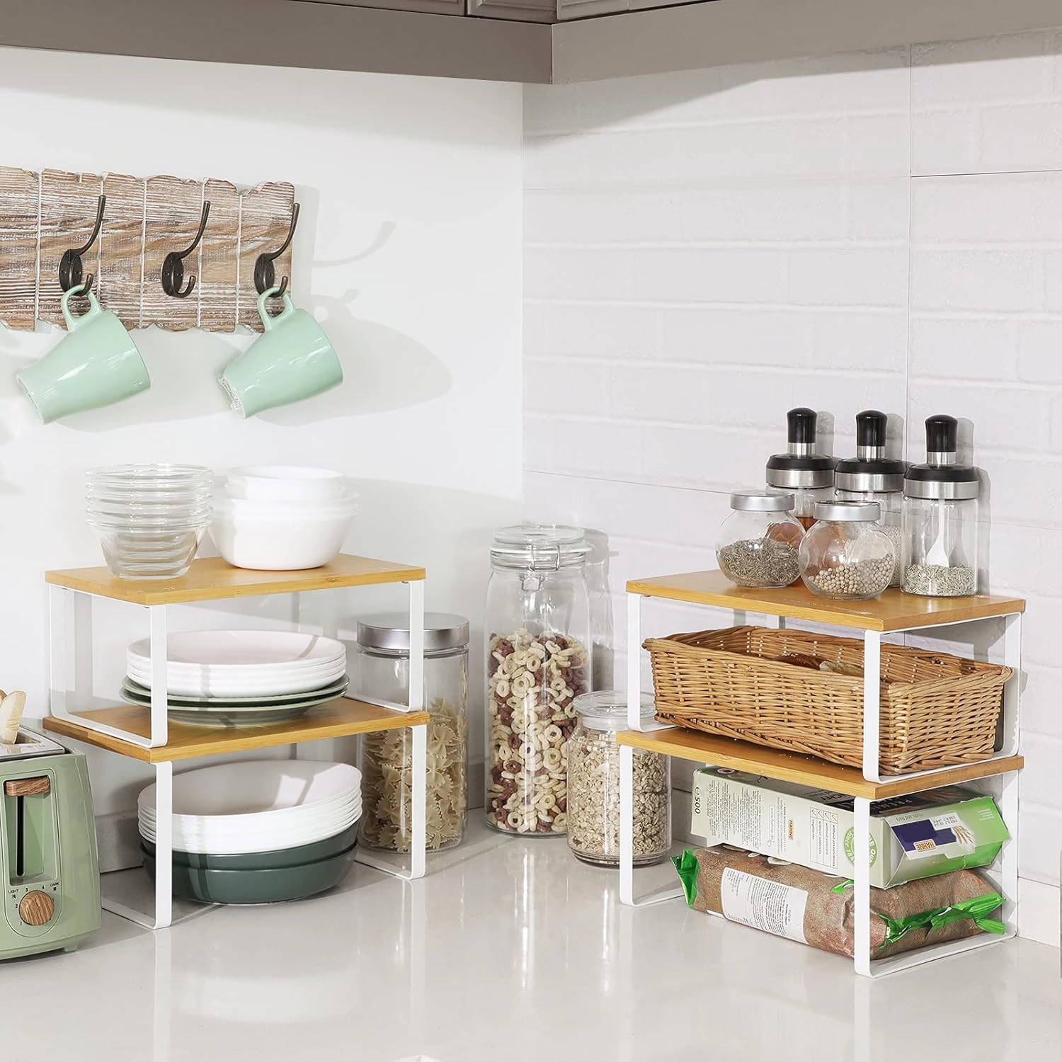 SONGMICS Cabinet Organizer Shelf, Set of 4 Kitchen Counter Shelves, Kitchen Storage, Spice Rack, Stackable, Expandable, Metal and Engineered Wood, Cloud White and Natural Beige UKCS010N01