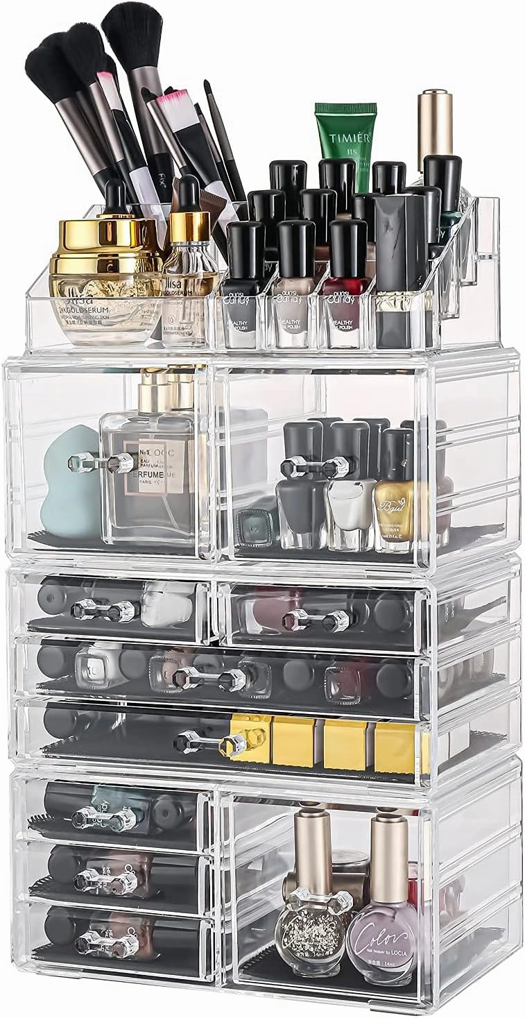 Sooyee Makeup Organizer,Make Up Organizer Stands,Acrylic Makeup Storage 10 Makeup Drawer Organizer for Bathroom, Dresser, Vanity Accessories or Countertop,Clear,4 Pieces Stackable