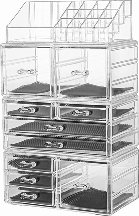 Sooyee Makeup Organizer,Make Up Organizer Stands,Acrylic Makeup Storage 10 Makeup Drawer Organizer for Bathroom, Dresser, Vanity Accessories or Countertop,Clear,4 Pieces Stackable