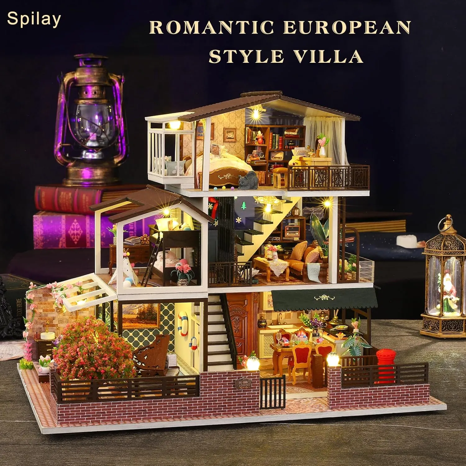 Spilay Dollhouse DIY Miniature Wooden Furniture Kit,Mini Handmade Big Castle Model,1:24 Scale Creative Doll House Toys for Adult Gift
