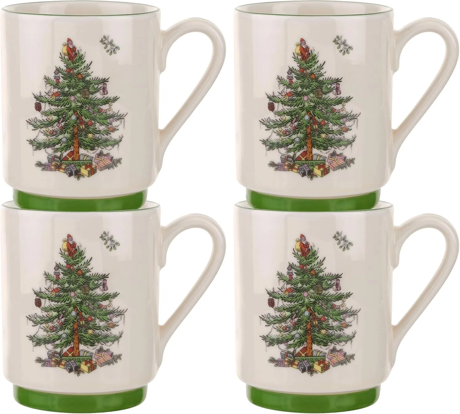 Spode Christmas Tree Stackable Mugs, Set of 4 - Festive 12oz Holiday Coffee Cups for Tea, Hot Cocoa - Fine Earthenware, Space-Saving Design, Dishwasher & Microwave Safe - Holiday Drinkware