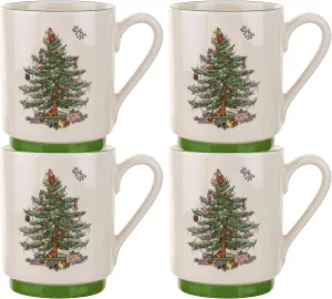 Spode Christmas Tree Stackable Mugs, Set of 4 - Festive 12oz Holiday Coffee Cups for Tea, Hot Cocoa - Fine Earthenware, Space-Saving Design, Dishwasher & Microwave Safe - Holiday Drinkware