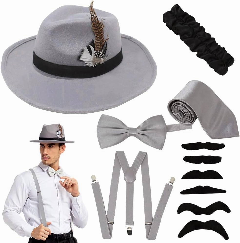 Spooktacular Creations Manhattan 1920s Mens Hat Accessories Gatsby Gangster Retro Hat Suspender Bow Tie Halloween Costume Set