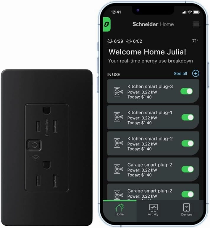 Square D by Schneider Electric X Series 15A 125V Wi-Fi Energy Monitoring Socket Outlet, Tamper Resistant, Needs Neutral Wire, Matter Certified, Compatible with Alexa, Google Home, Apple Home, Black