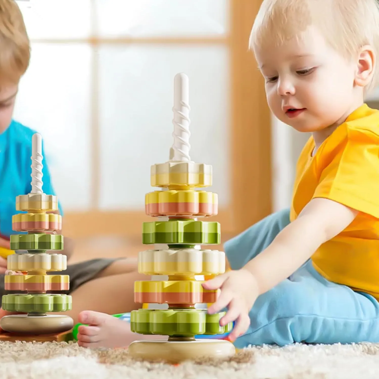 Stacking Toys for Toddlers 1-3,Montessor Spinning Stacker Toy,Ring Stacker Toys,Sit and Spin Sensory & Autism Fine Motor Skills for Babies 6-12 Months, 16-Inch，Rotating Tower Toy