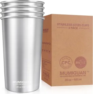 Stainless Steel Cups 20oz/600ml (4 Pack), Stainless Steel Pint Tumbler, Camping Stainless Steel Cups, Stackable Metal Drinking Glasses, BPA Free, Stackable, Durable.