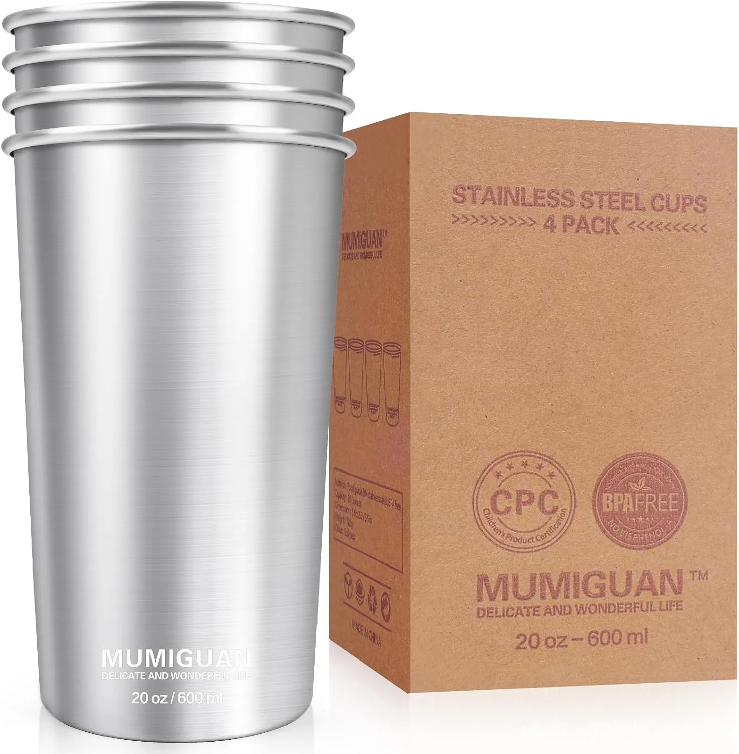 Stainless Steel Cups 20oz/600ml (4 Pack), Stainless Steel Pint Tumbler, Camping Stainless Steel Cups, Stackable Metal Drinking Glasses, BPA Free, Stackable, Durable.
