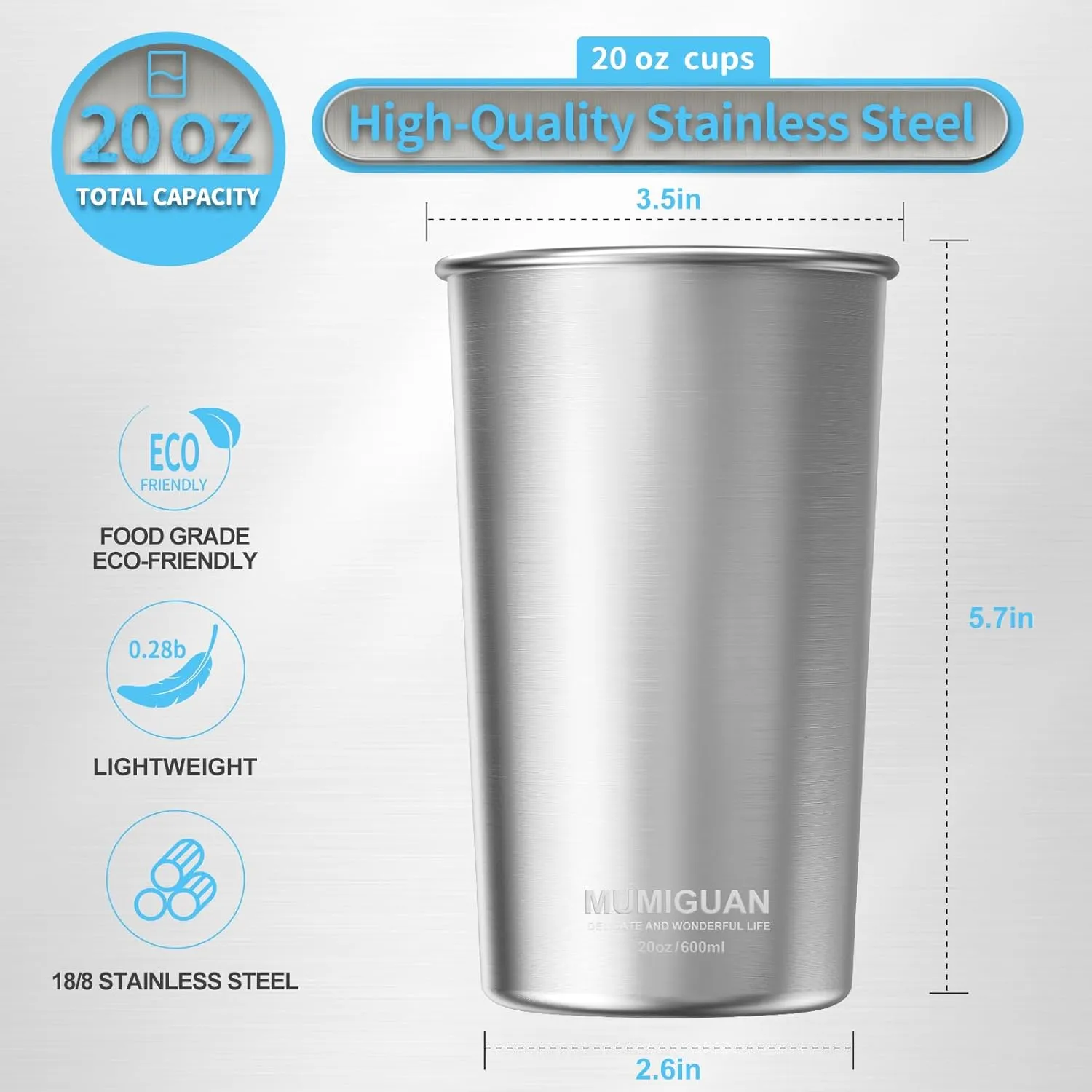 Stainless Steel Cups 20oz/600ml (4 Pack), Stainless Steel Pint Tumbler, Camping Stainless Steel Cups, Stackable Metal Drinking Glasses, BPA Free, Stackable, Durable.