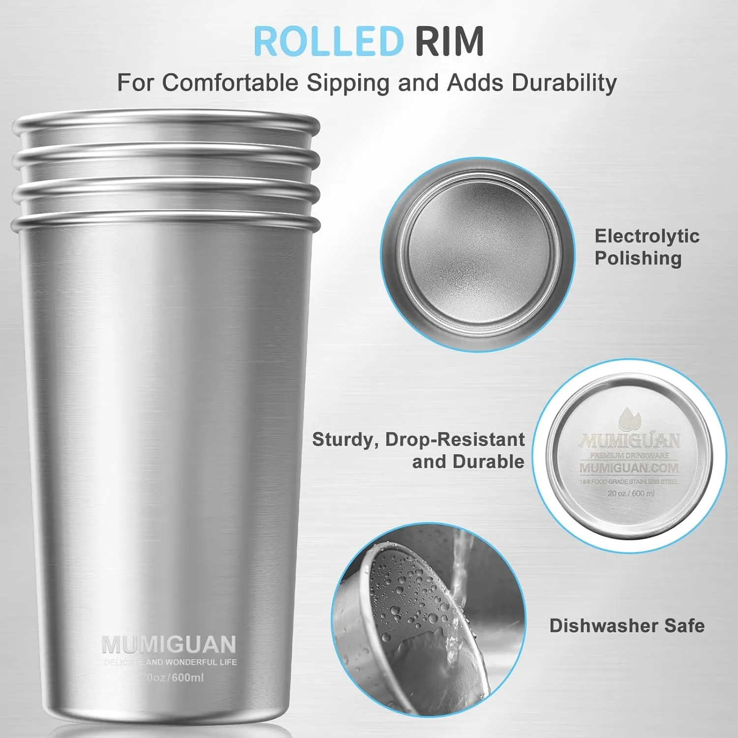 Stainless Steel Cups 20oz/600ml (4 Pack), Stainless Steel Pint Tumbler, Camping Stainless Steel Cups, Stackable Metal Drinking Glasses, BPA Free, Stackable, Durable.