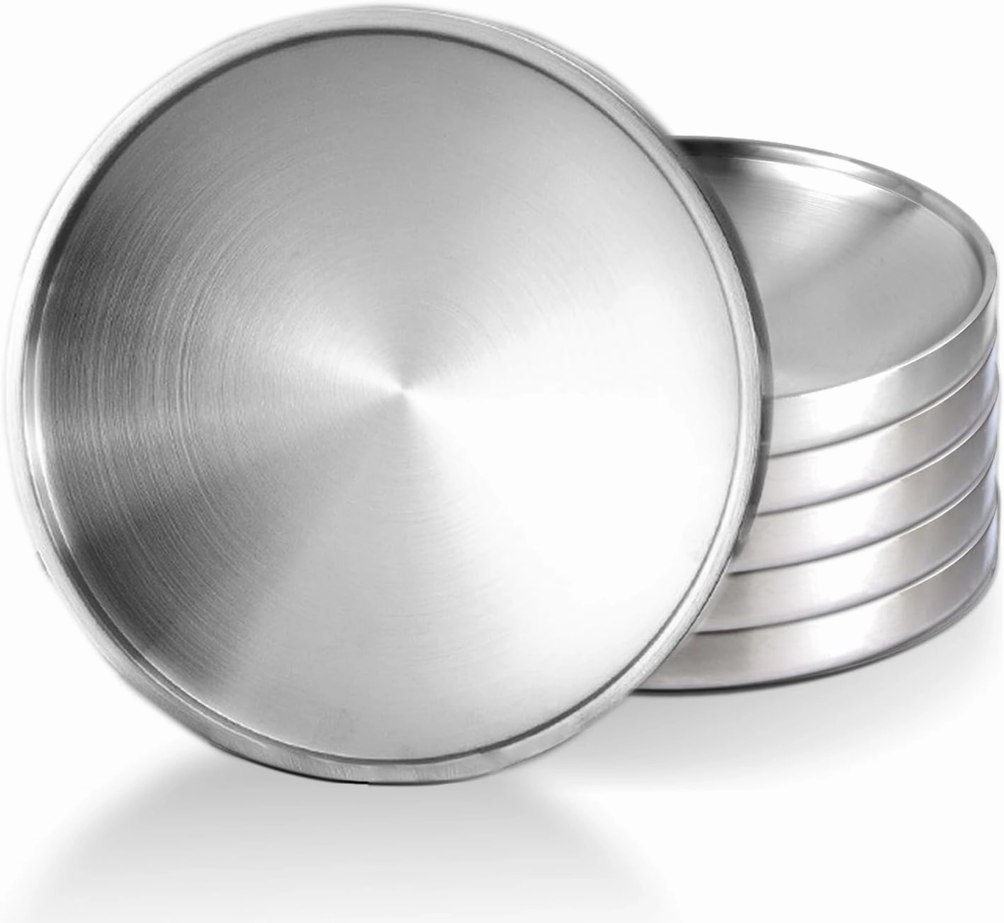 Stainless Steel Plates 6Pcs Double Layered Silver Lightweight Unbreakable Dinner Dishes Plates Set Feeding Serving Camping Reusable and Dishwasher Safe (7.5 inches)