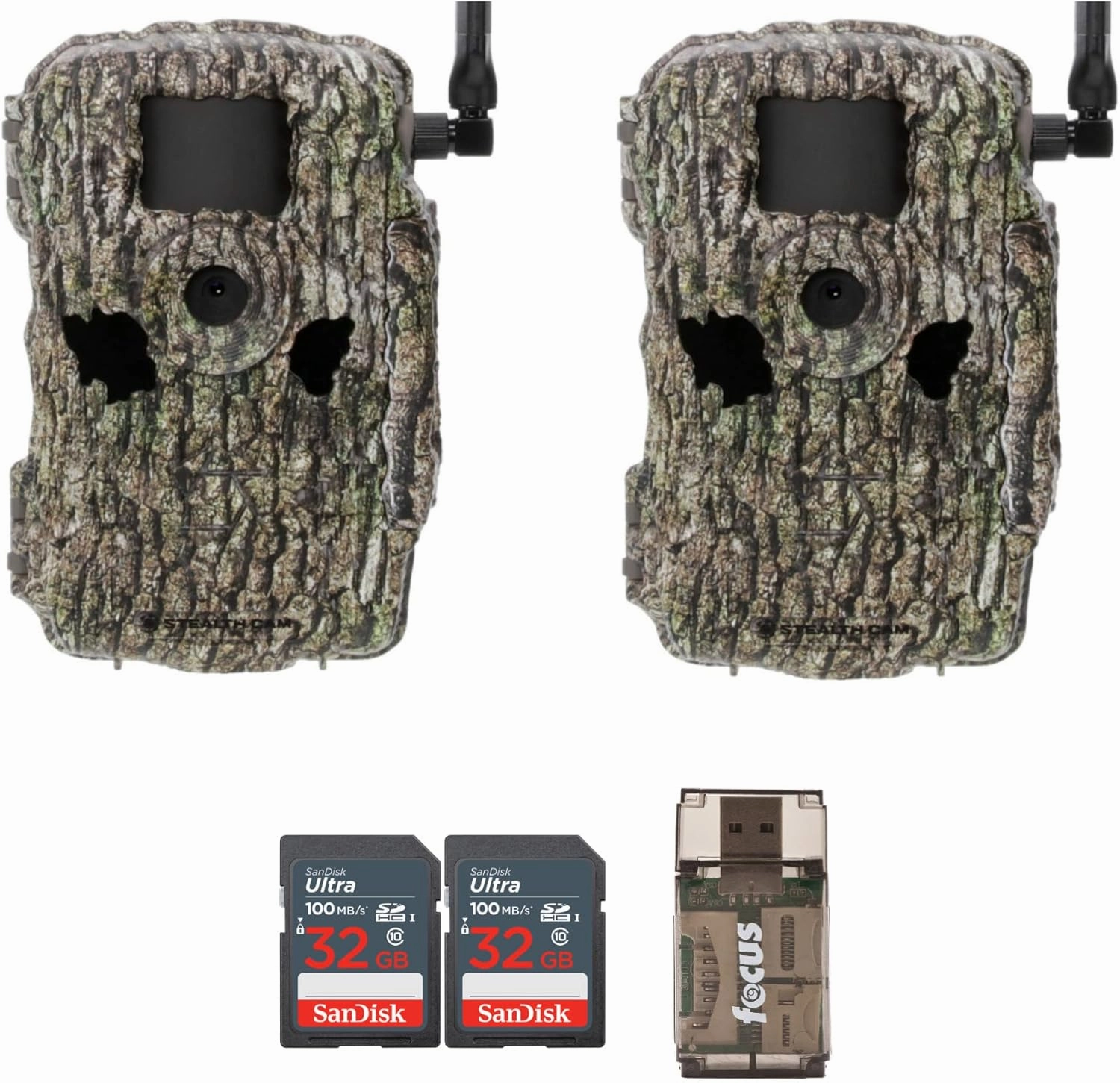 Stealth Cam Fusion XPro 36MP MP Photo and 1080P at 30FPS Video Cellular Trail Camera (AT&T and Verizon) - Treebark Camo Bundle with 32 GB SD Card and Card Reader (2-Pack) (5 Items)