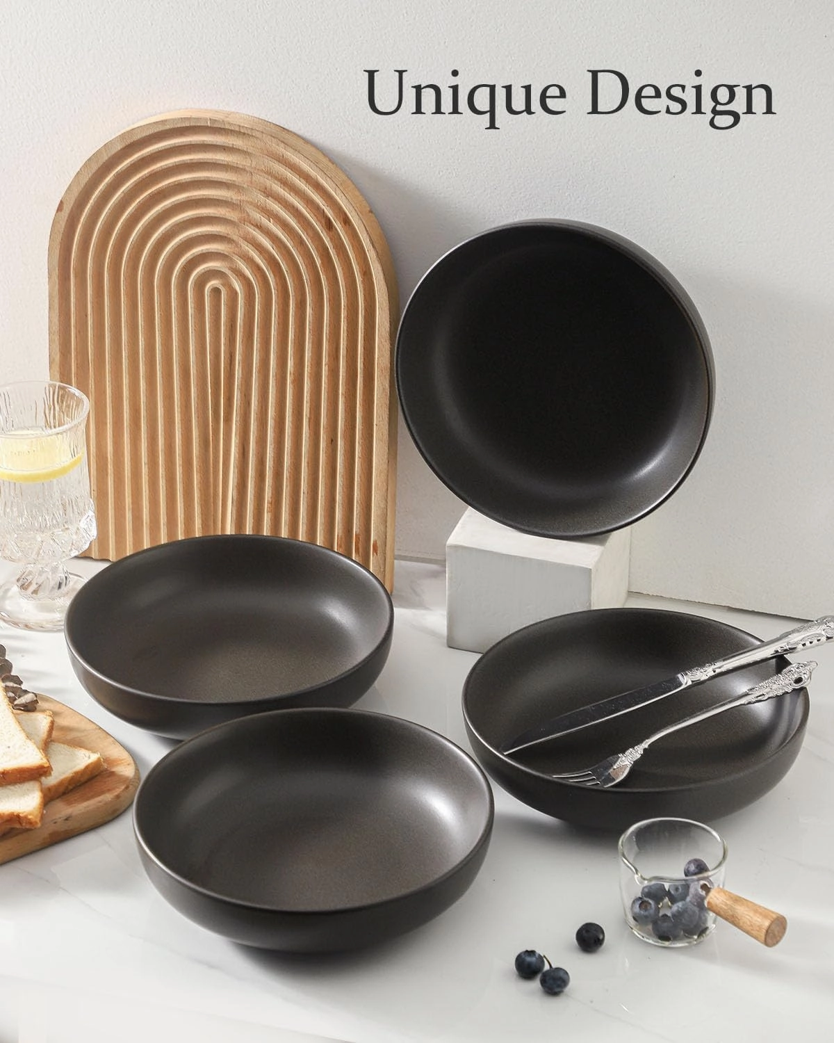 Stoneware Pasta Bowls, 34 oz Large Salad Bowl Set of 4, Ceramic Serving Bowls for Ramen, Pasta, Fruit, Cereal, Dinner, Wide and Shallow Bowls, Microwave & Dishwasher Safe, Matte Black