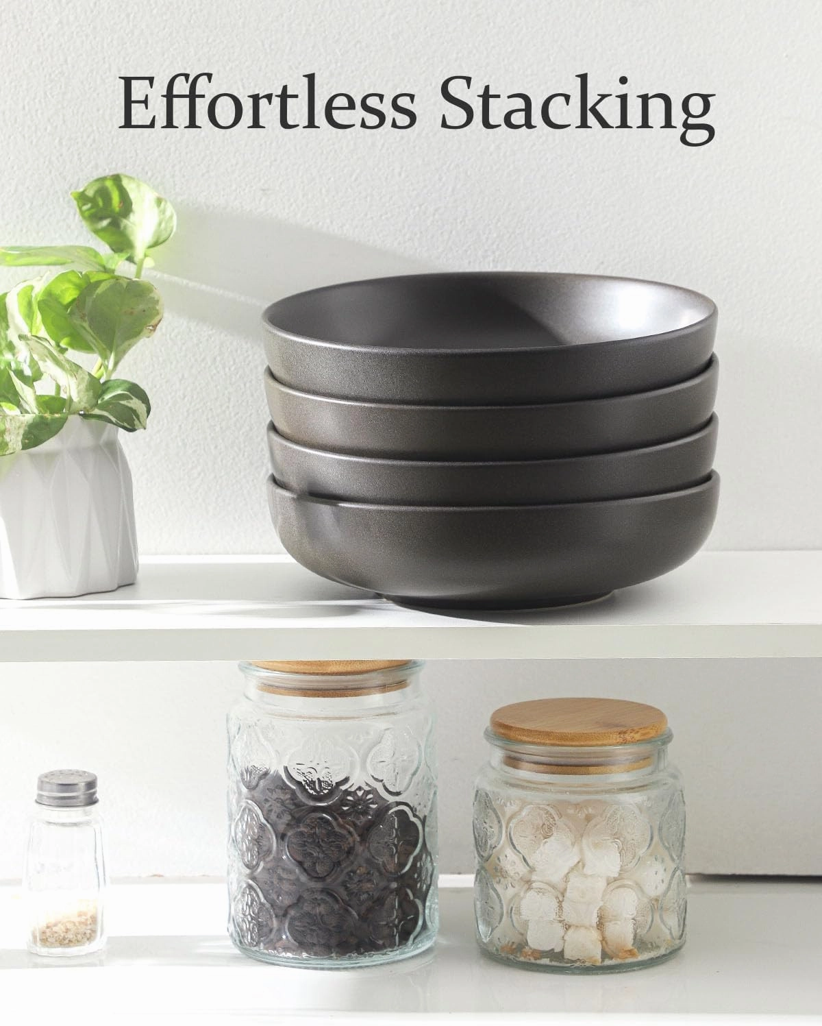 Stoneware Pasta Bowls, 34 oz Large Salad Bowl Set of 4, Ceramic Serving Bowls for Ramen, Pasta, Fruit, Cereal, Dinner, Wide and Shallow Bowls, Microwave & Dishwasher Safe, Matte Black