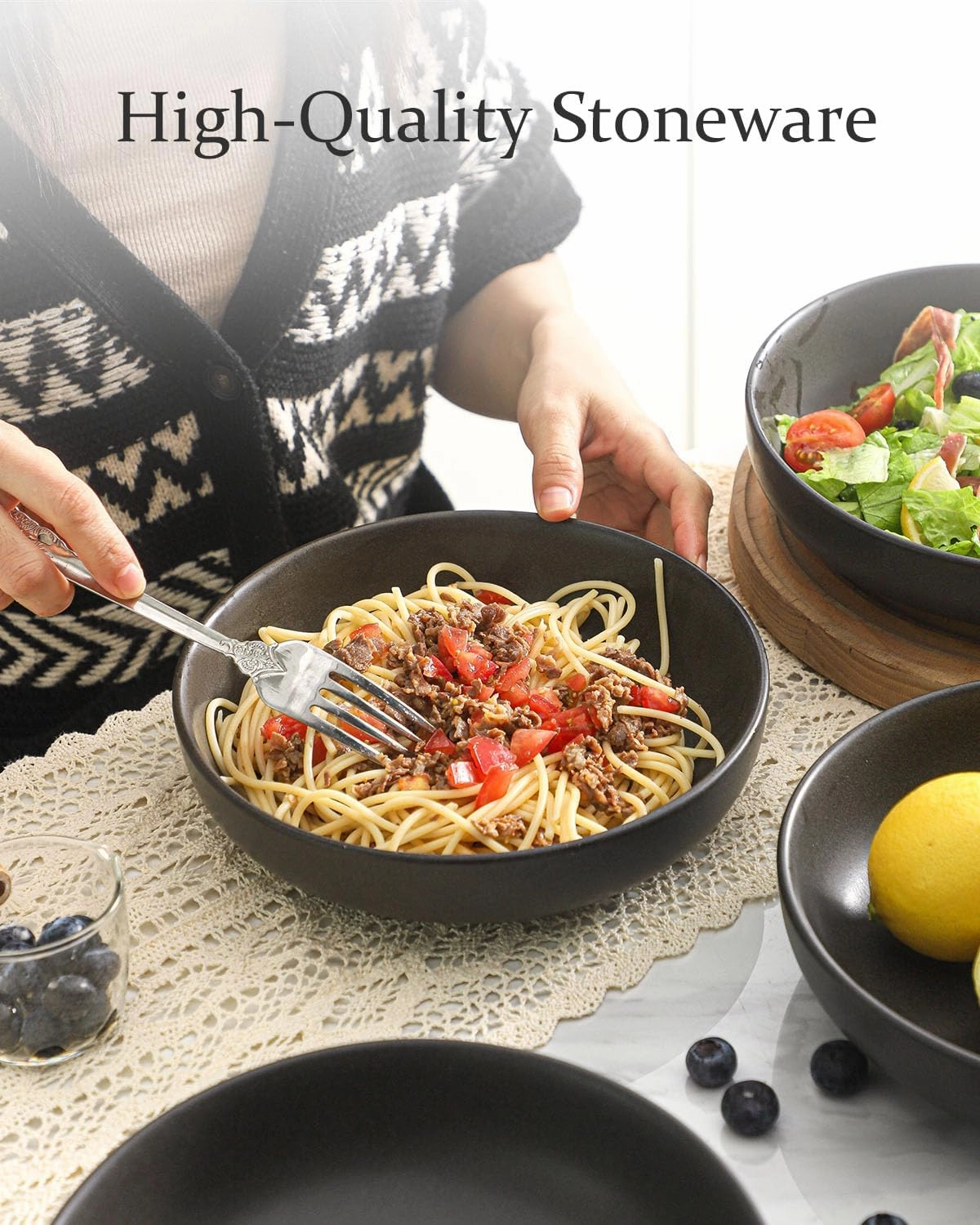 Stoneware Pasta Bowls, 34 oz Large Salad Bowl Set of 4, Ceramic Serving Bowls for Ramen, Pasta, Fruit, Cereal, Dinner, Wide and Shallow Bowls, Microwave & Dishwasher Safe, Matte Black