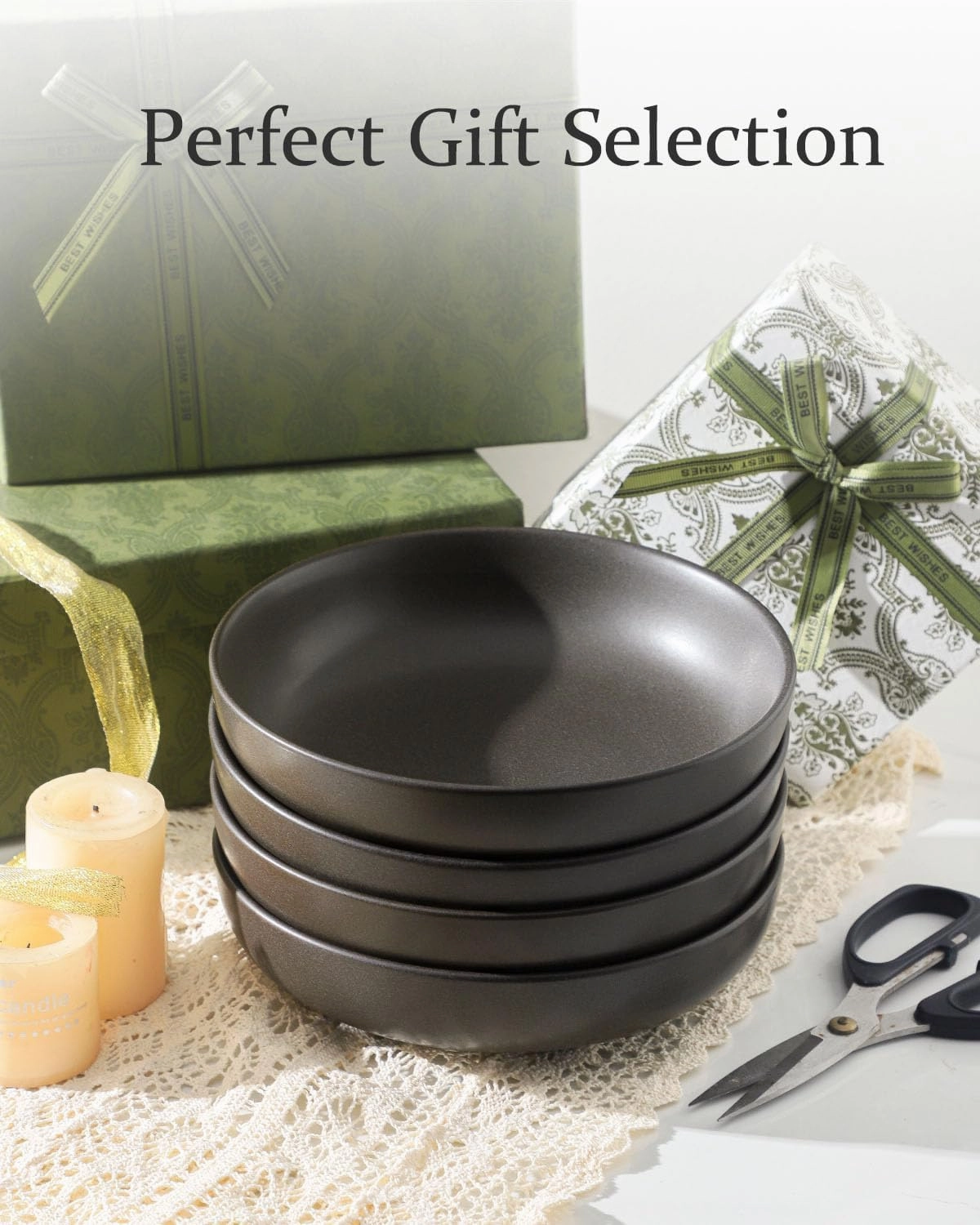 Stoneware Pasta Bowls, 34 oz Large Salad Bowl Set of 4, Ceramic Serving Bowls for Ramen, Pasta, Fruit, Cereal, Dinner, Wide and Shallow Bowls, Microwave & Dishwasher Safe, Matte Black