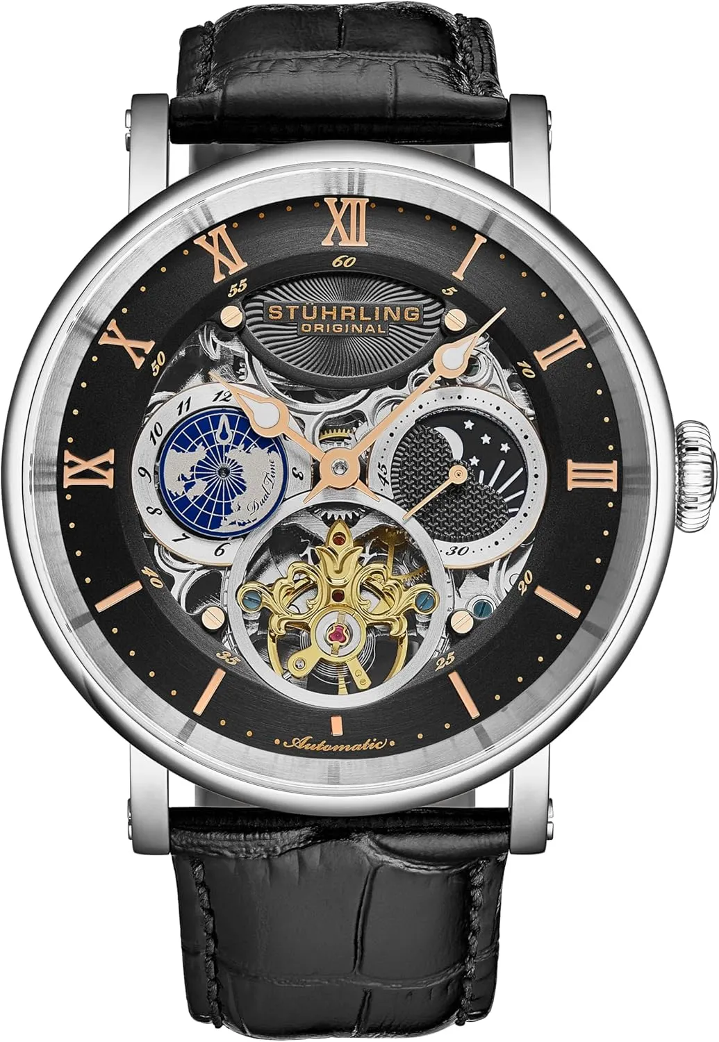 Stuhrling Original Dual Time Automatic Watch, 47mm Case, Skeleton Dial, Leather Strap, Sun/Moon AM/PM Indicator 5 ATM Water Resistant