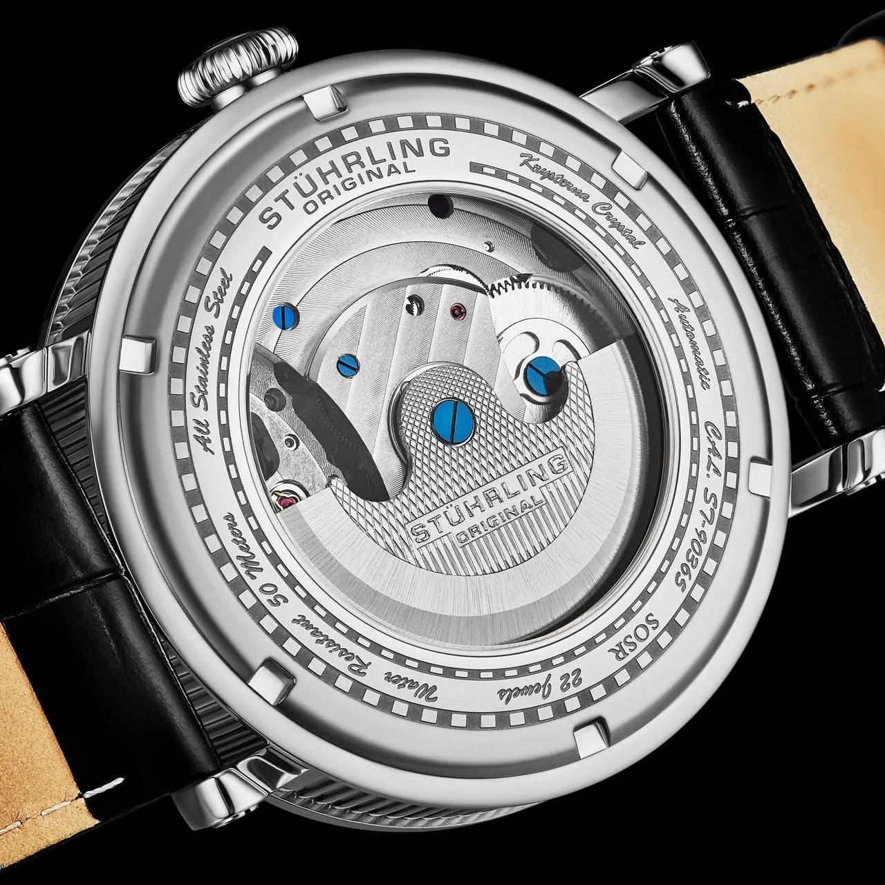 Stuhrling Original Dual Time Automatic Watch, 47mm Case, Skeleton Dial, Leather Strap, Sun/Moon AM/PM Indicator 5 ATM Water Resistant