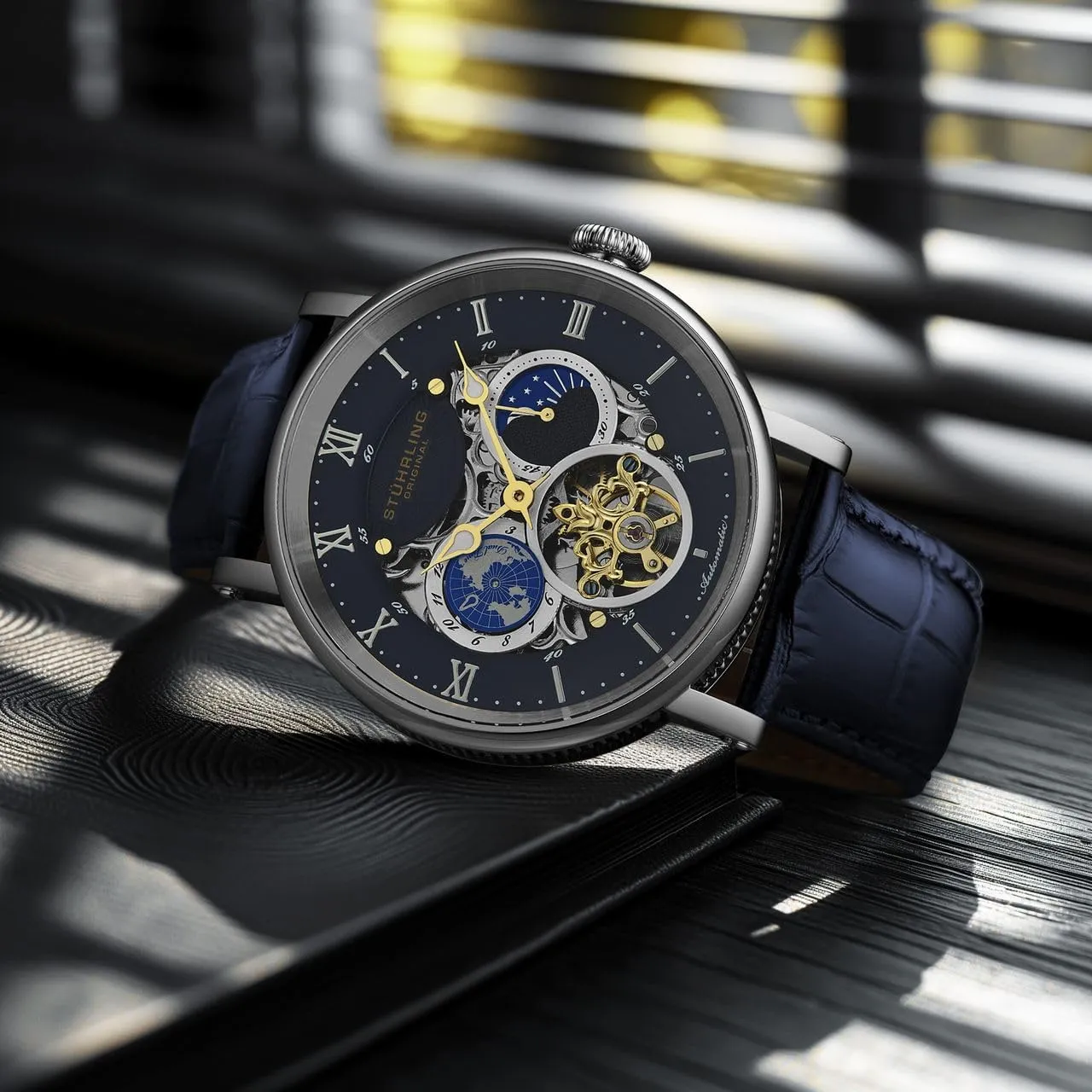 Stuhrling Original Dual Time Automatic Watch, 47mm Case, Skeleton Dial, Leather Strap, Sun/Moon AM/PM Indicator 5 ATM Water Resistant