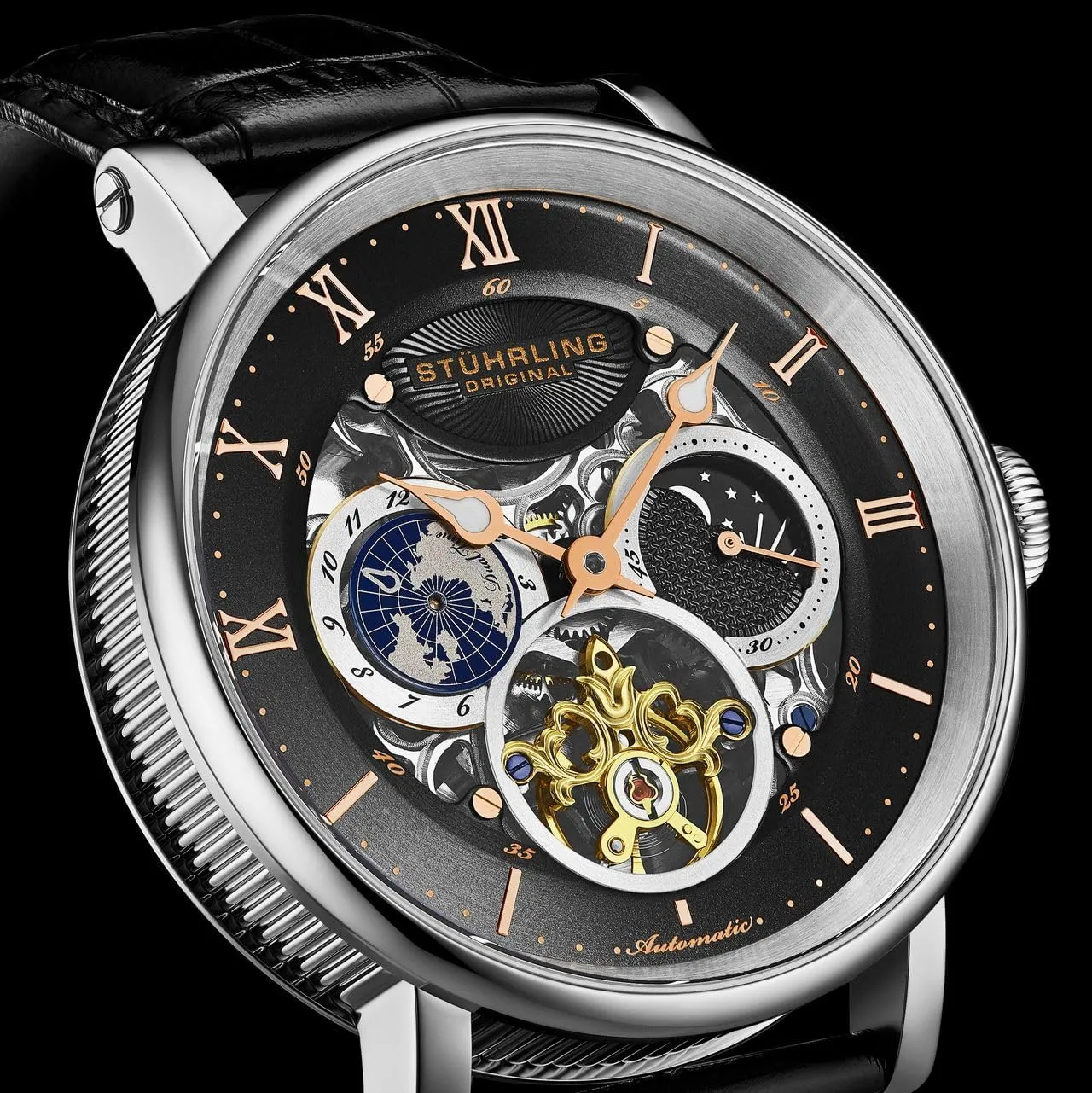Stuhrling Original Dual Time Automatic Watch, 47mm Case, Skeleton Dial, Leather Strap, Sun/Moon AM/PM Indicator 5 ATM Water Resistant