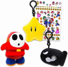 Super Mario Plushies Set - Bundle with 3 Nintendo Plush Toys Including Bullet Bill Keychain, Star Bag Clip, Shy Guy Plushie Plus Stickers | Super Mario Stuffed Animals for Kids, Boys, Girls