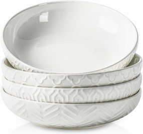 Sureasy Pasta Bowls Set of 4-30oz Large Ceramic Embossed Bowl Plates, 8.5 Inch Wide and Shallow Plate Bowls, Microwave, Oven & Dishwasher Safe, White