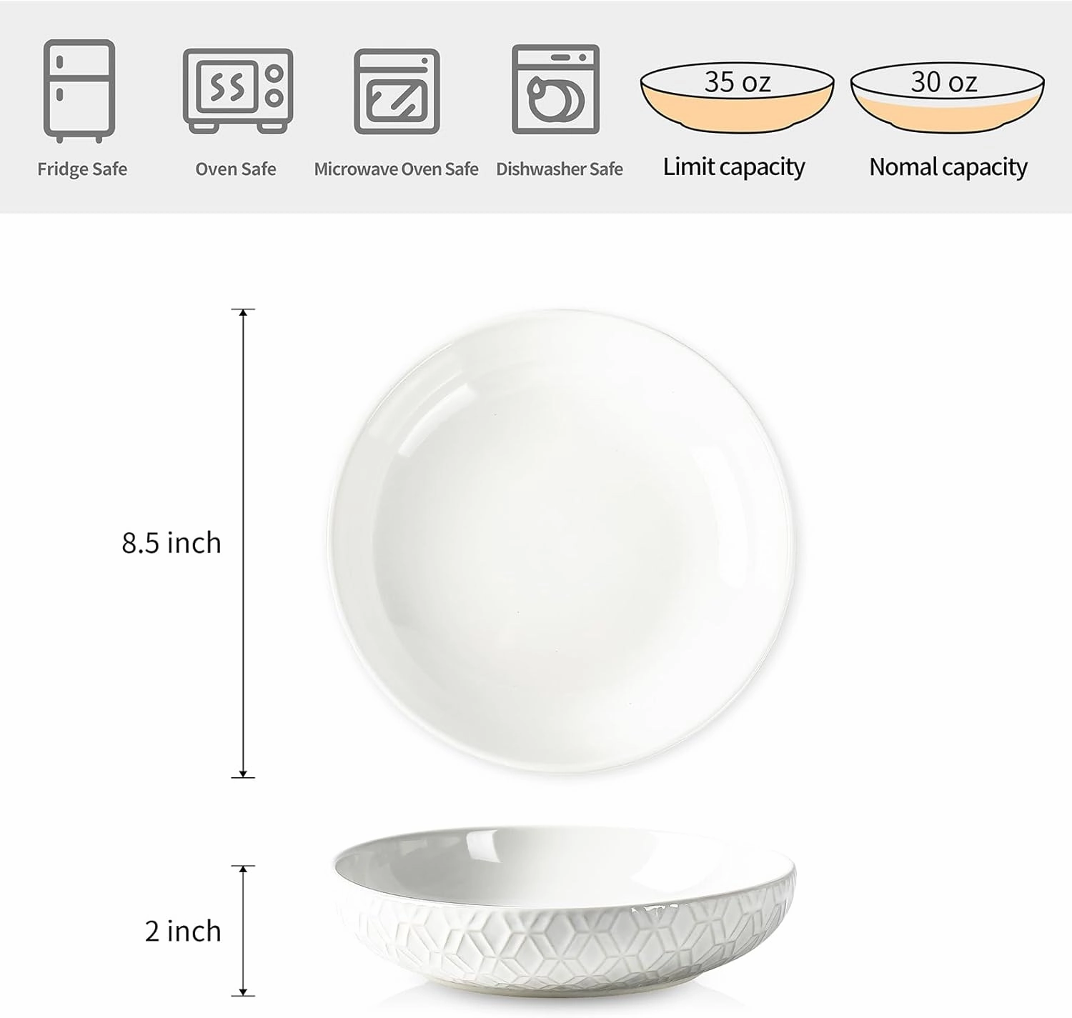 Sureasy Pasta Bowls Set of 4-30oz Large Ceramic Embossed Bowl Plates, 8.5 Inch Wide and Shallow Plate Bowls, Microwave, Oven & Dishwasher Safe, White