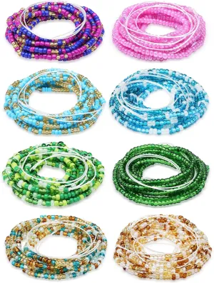 Sureio 8 Pieces 50 Inch Handmade Waist Beads African Belly Chain Plus Size Belly Body Beads for Women Colorful Waist Jewelry Accessories