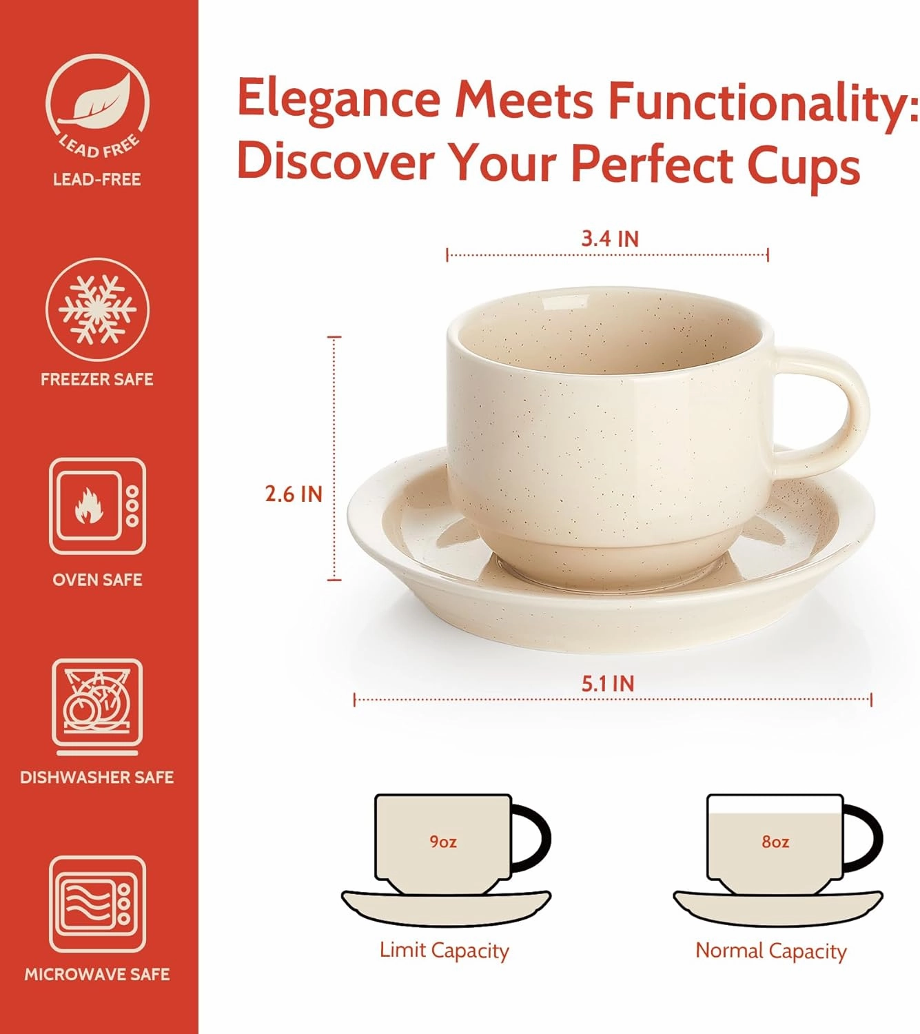 Sweese 8 Ounce Porcelain Stackable Cappuccino Cups with Saucers and Metal Stand - for Specialty Coffee Drinks, Cappuccino, Latte, Americano and Tea - Set of 4, Beige