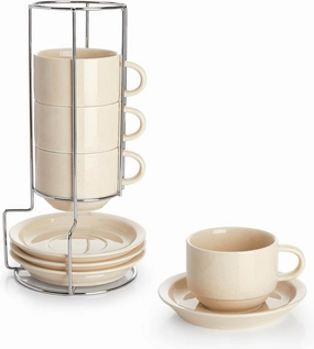 Sweese 8 Ounce Porcelain Stackable Cappuccino Cups with Saucers and Metal Stand - for Specialty Coffee Drinks, Cappuccino, Latte, Americano and Tea - Set of 4, Beige