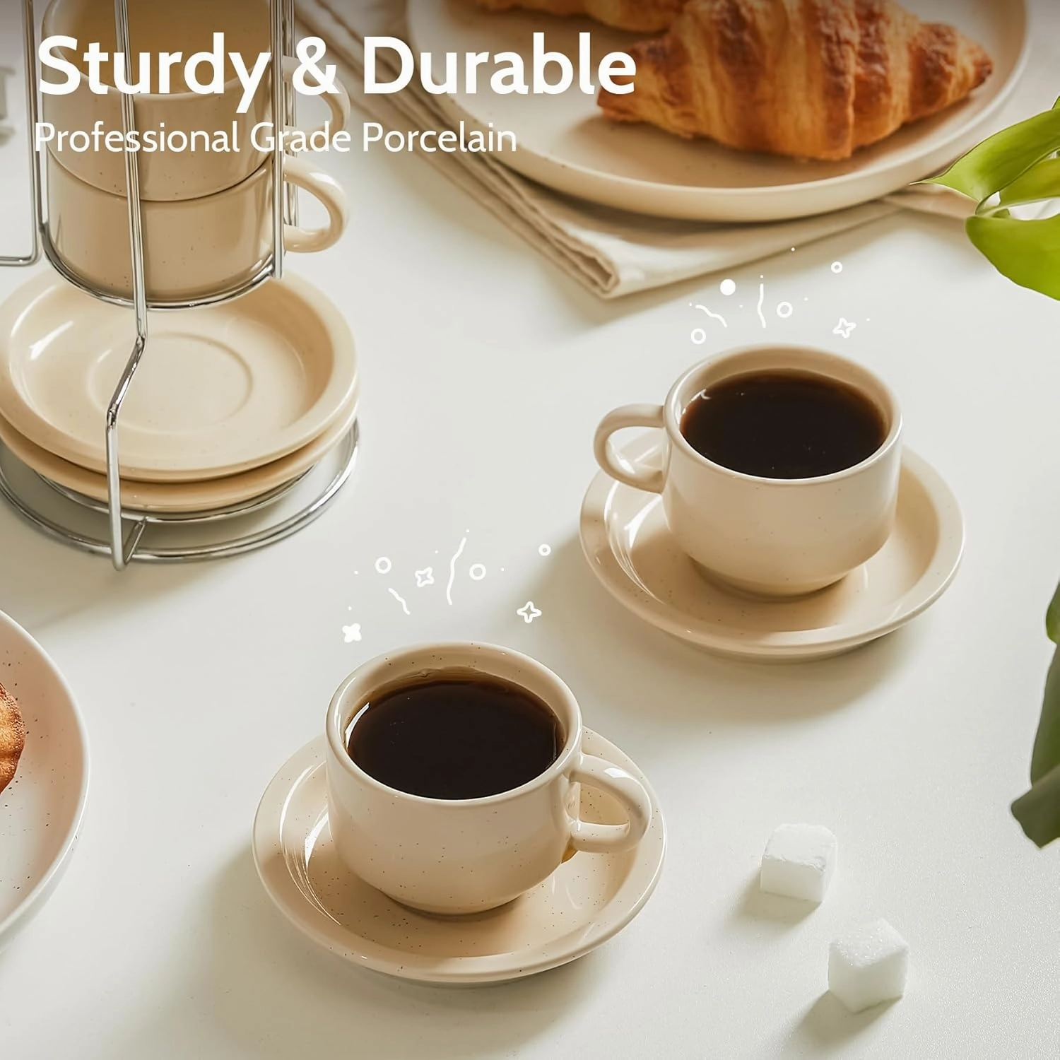 Sweese 8 Ounce Porcelain Stackable Cappuccino Cups with Saucers and Metal Stand - for Specialty Coffee Drinks, Cappuccino, Latte, Americano and Tea - Set of 4, Beige