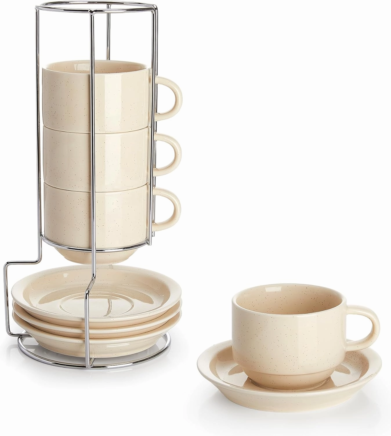 Sweese 8 Ounce Porcelain Stackable Cappuccino Cups with Saucers and Metal Stand - for Specialty Coffee Drinks, Cappuccino, Latte, Americano and Tea - Set of 4, Beige