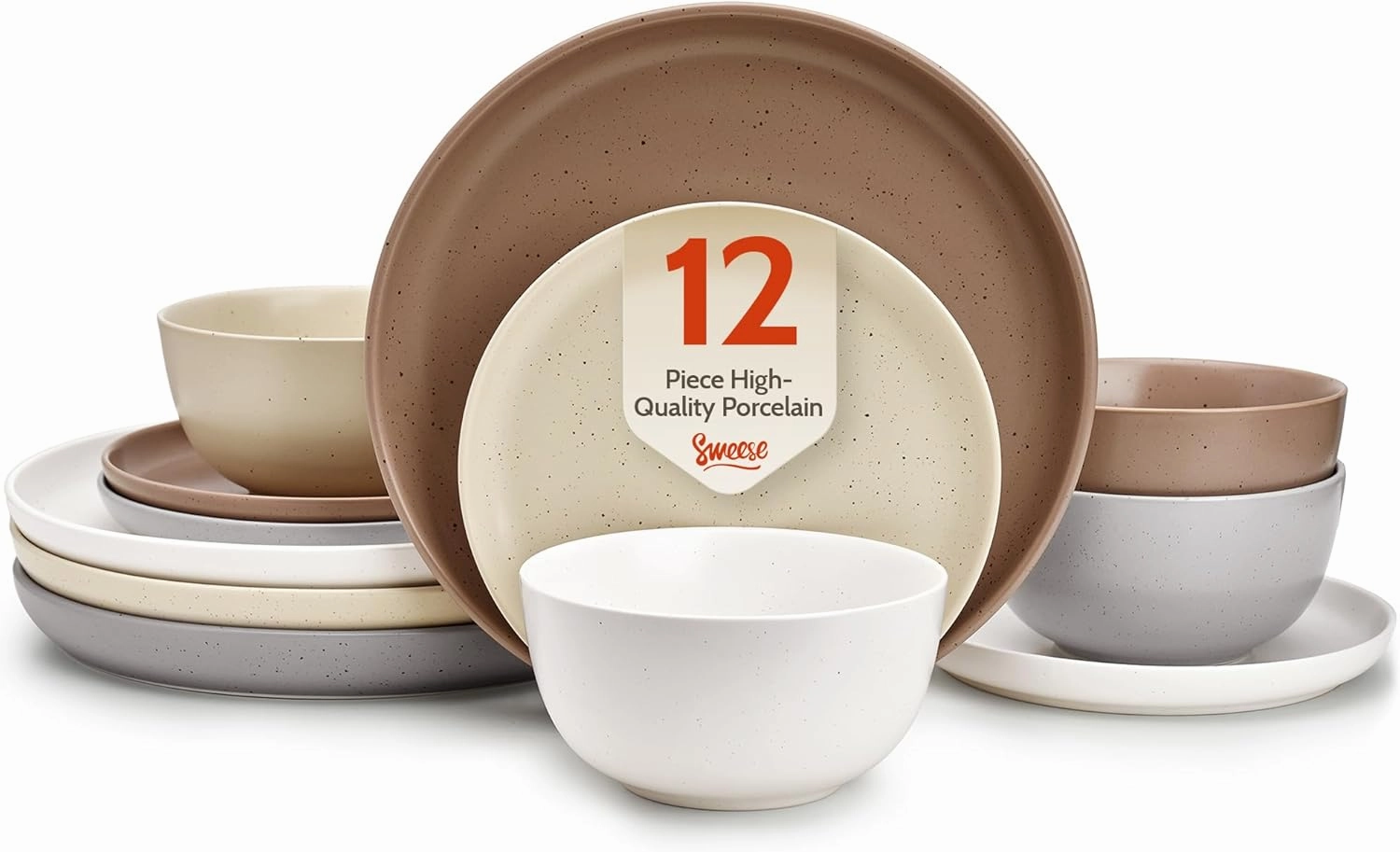 Sweese Dinnerware Sets,12 Pieces Porcelain Round Plates and Bowls Sets, Dishes Set for 4, Chip Scratch Dishwasher Microwave and Oven Safe Dishware Sets, Multi-color