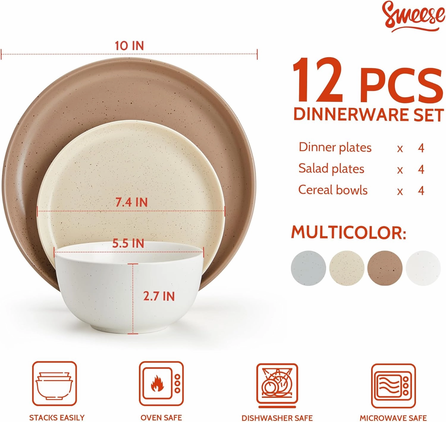 Sweese Dinnerware Sets,12 Pieces Porcelain Round Plates and Bowls Sets, Dishes Set for 4, Chip Scratch Dishwasher Microwave and Oven Safe Dishware Sets, Multi-color