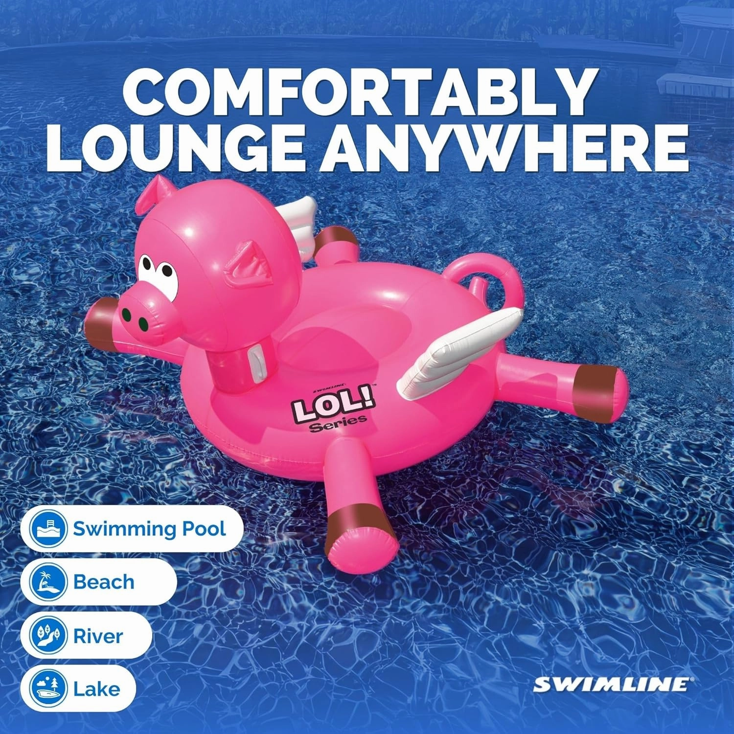 SWIMLINE ORIGINAL 90266 Giant Inflatable LOL Pig Pool Float | Oversized Ride-On Raft with Stable Legs & Wings | Loung Floatie Perfect for Parties & Cooling