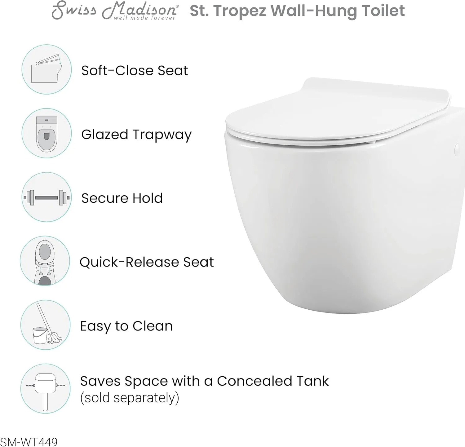 Swiss Madison Well Made Forever SM-WT449 St. Tropez Wall Hung Toilet, Glossy White