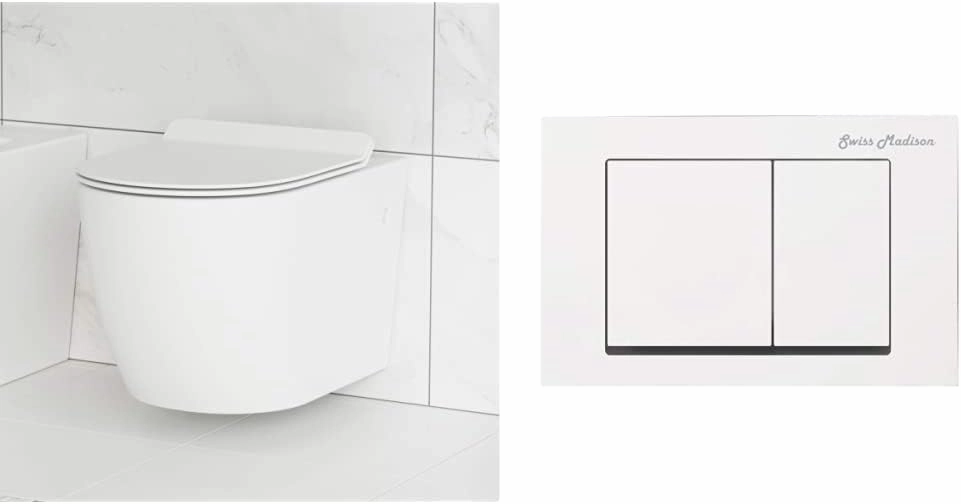 Swiss Madison Well Made Forever SM-WT449 St. Tropez Wall Hung Toilet (Glossy White) and SM-WC002W Wall Mount Dual Flush Actuator Plate with Square Push Buttons
