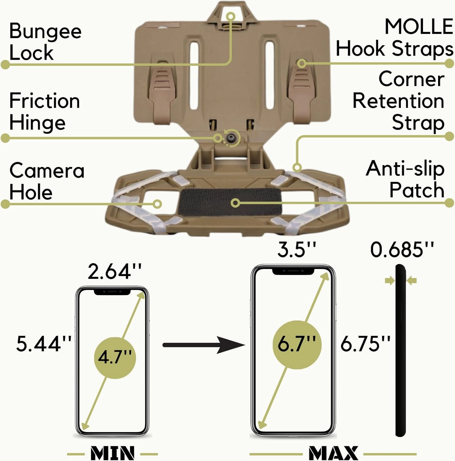 Tactical Plate Carrier Molle Phone Carrier Vest Attachments, Outdoor Universal Foldable Phone Chest Holder, Chest Rig Mount Navigation Board for 4.7"-6.7" Screen (FoldPanel-Tan)